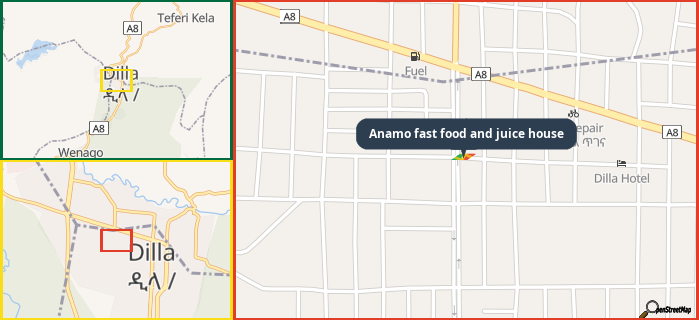Map showing the address of Anamo fast food and juice house in three different zoom levels.