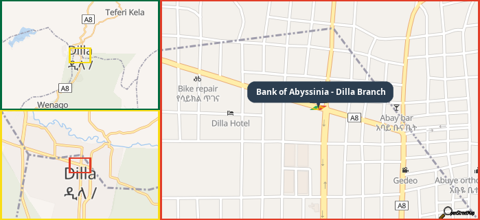 Map showing the address of Bank of Abyssinia - Dilla Branch in three different zoom levels.