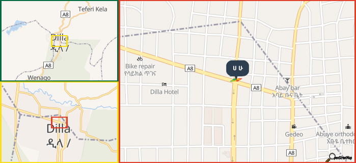 Map showing the address of ሀ ሁ in three different zoom levels.