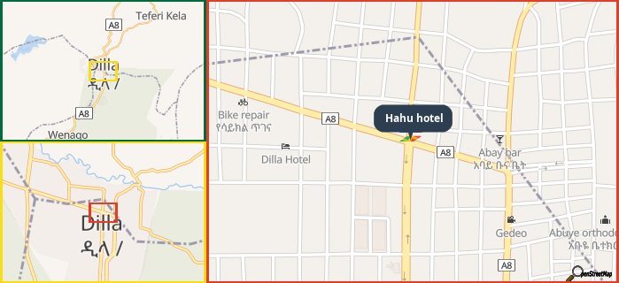 Map showing the address of Hahu hotel in three different zoom levels.