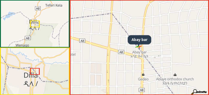 Map showing the address of Abay bar in three different zoom levels.