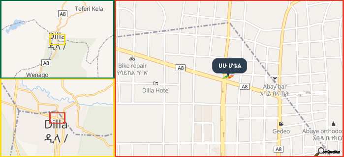 Map showing the address of ሀሁ ሆቴል in three different zoom levels.
