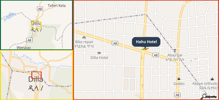 Map showing the address of Hahu Hotel in three different zoom levels.