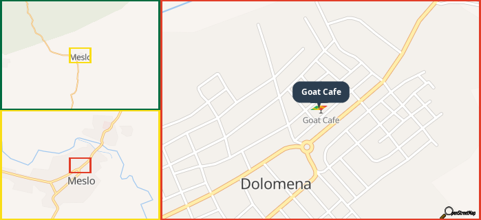 Map showing the address of Goat Cafe in three different zoom levels.