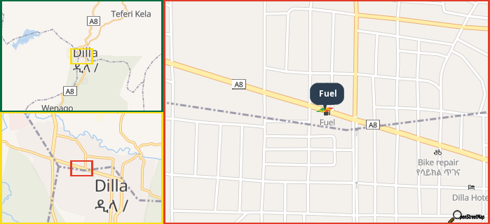 Map showing the address of Fuel in three different zoom levels.