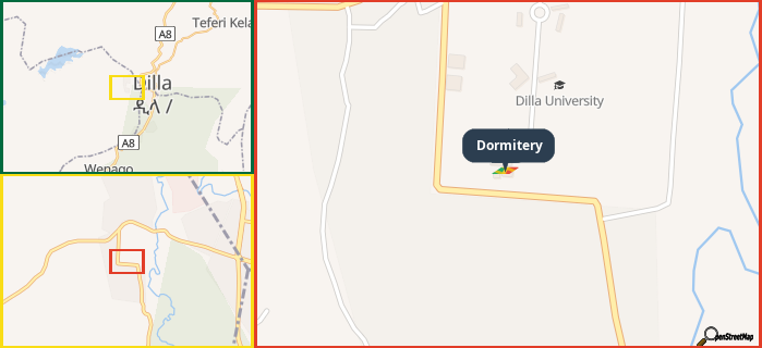 Map showing the address of Dormitery in three different zoom levels.