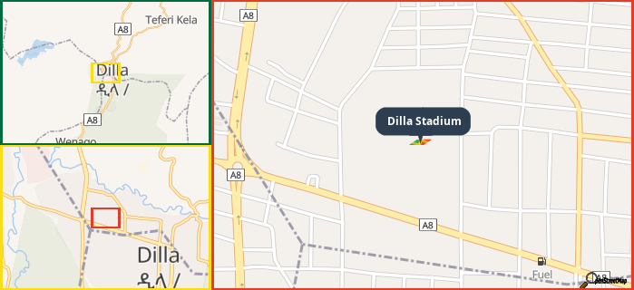 Map showing the address of Dilla Stadium in three different zoom levels.