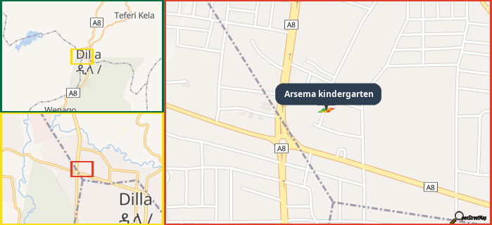 Map showing the address of Arsema kindergarten in three different zoom levels.