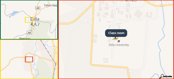 Map showing the address of Class room in three different zoom levels.