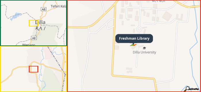 Map showing the address of Freshman Library in three different zoom levels.