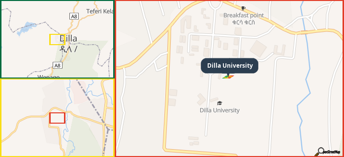 Map showing the address of Dilla University in three different zoom levels.