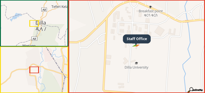 Map showing the address of Staff Office in three different zoom levels.