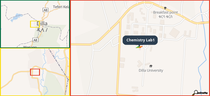 Map showing the address of Chemistry Lab1 in three different zoom levels.