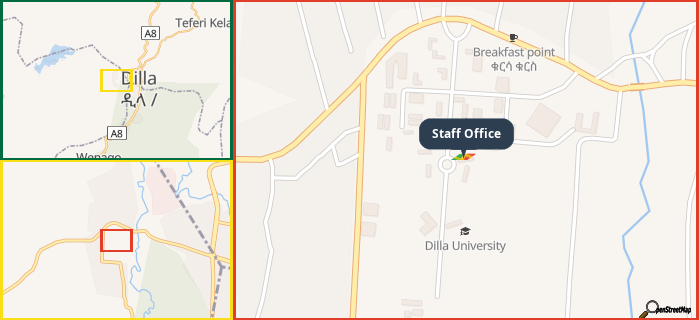 Map showing the address of Staff Office in three different zoom levels.