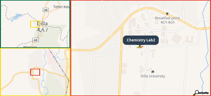 Map showing the address of Chemistry Lab2 in three different zoom levels.