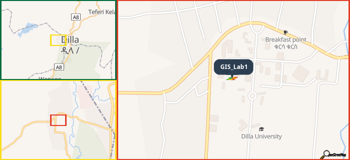 Map showing the address of GIS_Lab1 in three different zoom levels.