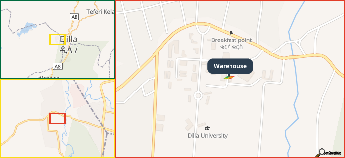 Map showing the address of Warehouse in three different zoom levels.