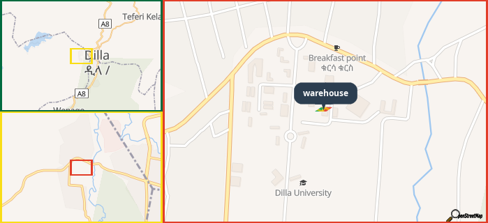 Map showing the address of warehouse in three different zoom levels.