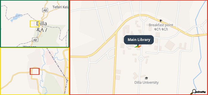 Map showing the address of Main Library in three different zoom levels.