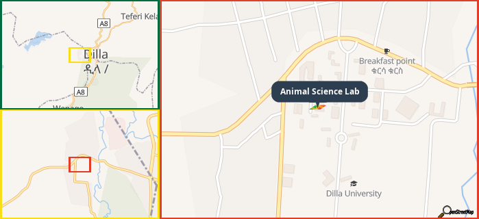 Map showing the address of Animal Science Lab in three different zoom levels.