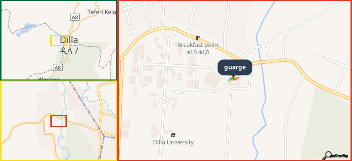 Map showing the address of guarge in three different zoom levels.