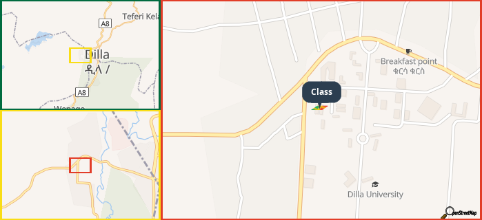 Map showing the address of Class in three different zoom levels.