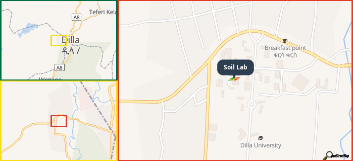 Map showing the address of Soil Lab in three different zoom levels.