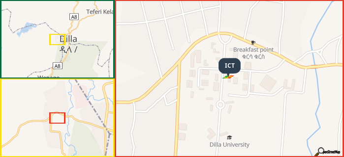 Map showing the address of ICT in three different zoom levels.