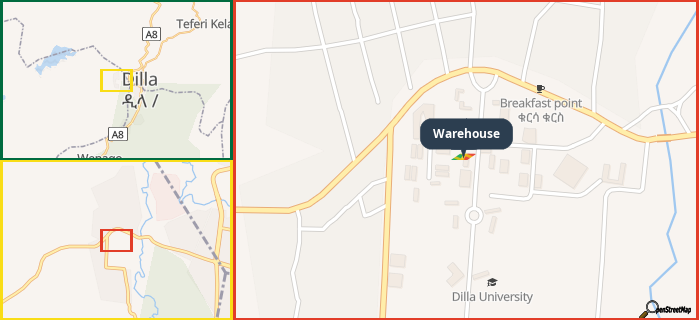 Map showing the address of Warehouse in three different zoom levels.