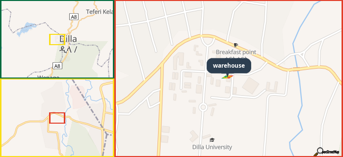 Map showing the address of warehouse in three different zoom levels.