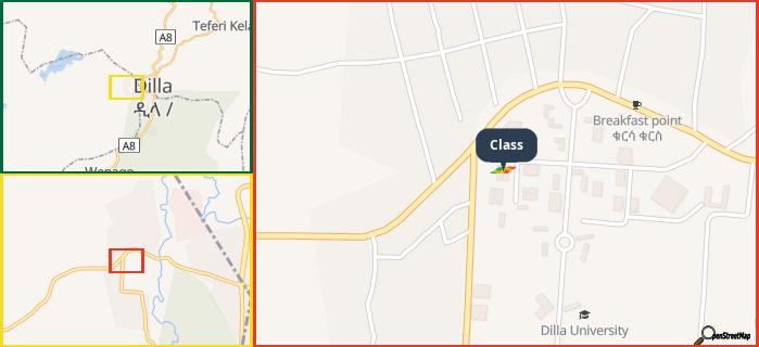 Map showing the address of Class in three different zoom levels.