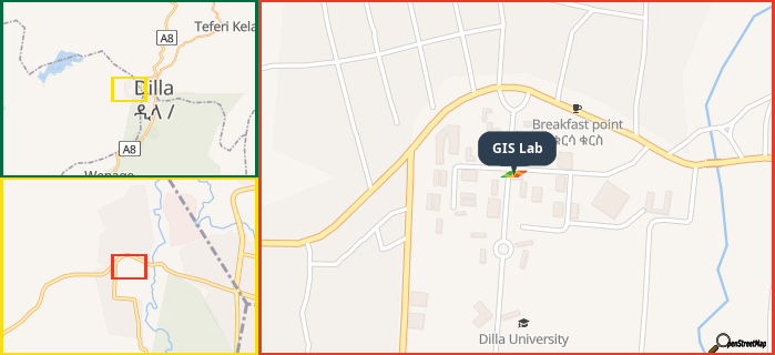 Map showing the address of GIS Lab in three different zoom levels.