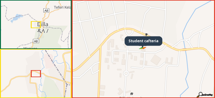 Map showing the address of Student cafteria in three different zoom levels.