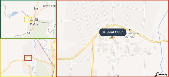 Map showing the address of Student Clinic in three different zoom levels.