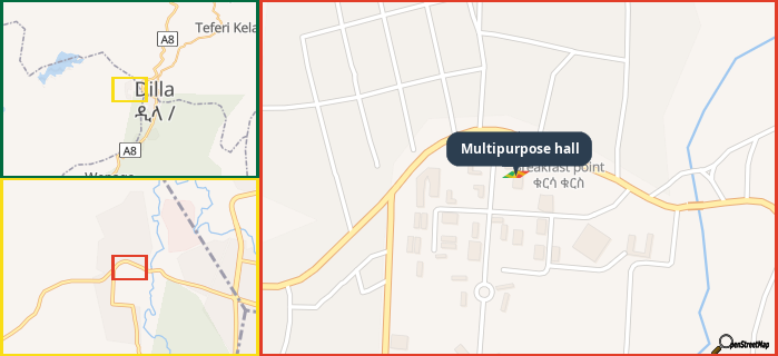 Map showing the address of Multipurpose hall in three different zoom levels.