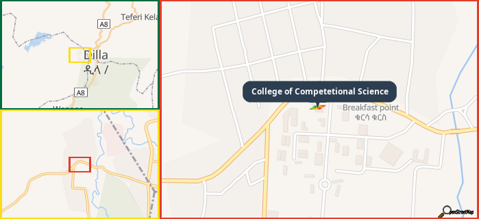 Map showing the address of College of Competetional Science in three different zoom levels.