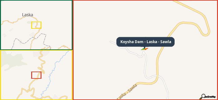 Map showing the address of Koysha Dam - Laska - Sawla in three different zoom levels.