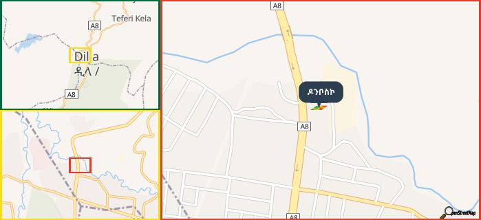 Map showing the address of ዶንቦስኮ in three different zoom levels.