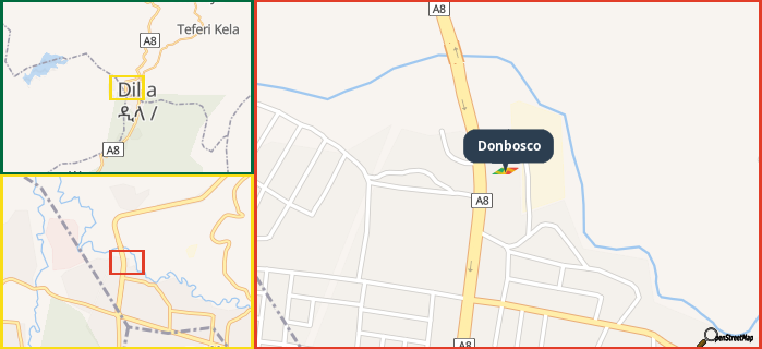 Map showing the address of Donbosco in three different zoom levels.