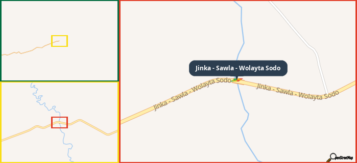Map showing the address of Jinka - Sawla - Wolayta Sodo in three different zoom levels.