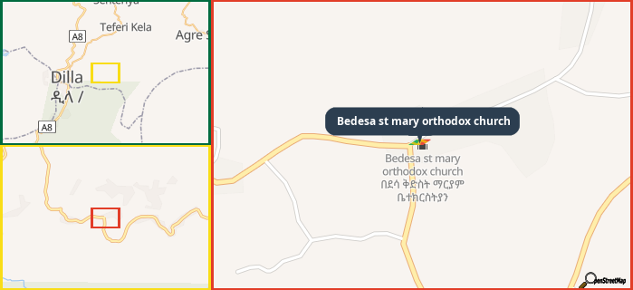 Map showing the address of Bedesa st mary orthodox church in three different zoom levels.
