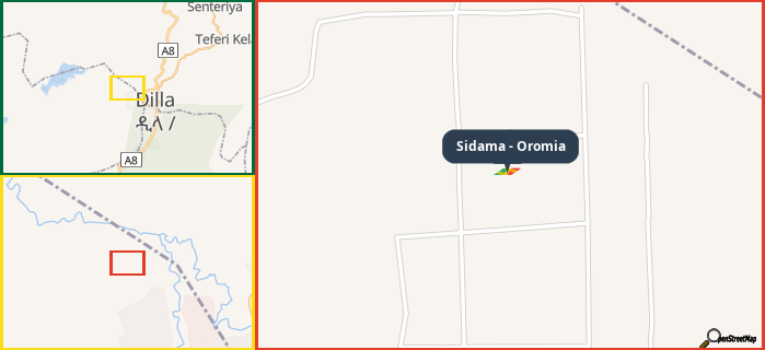 Map showing the address of Sidama - Oromia in three different zoom levels.