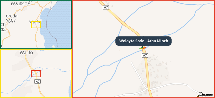 Map showing the address of Wolayta Sodo - Arba Minch in three different zoom levels.