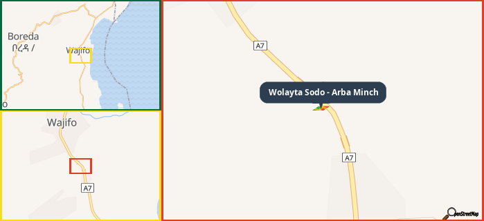 Map showing the address of Wolayta Sodo - Arba Minch in three different zoom levels.