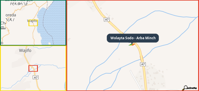 Map showing the address of Wolayta Sodo - Arba Minch in three different zoom levels.
