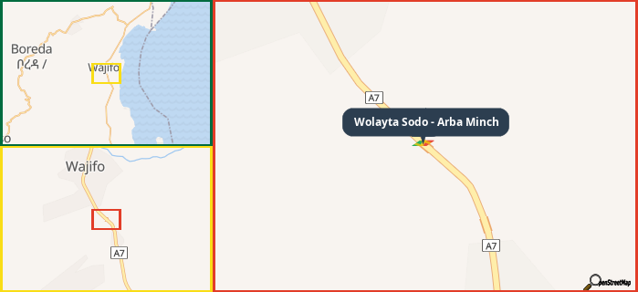 Map showing the address of Wolayta Sodo - Arba Minch in three different zoom levels.
