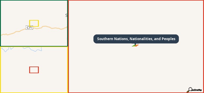Map showing the address of Southern Nations, Nationalities, and Peoples in three different zoom levels.
