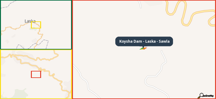 Map showing the address of Koysha Dam - Laska - Sawla in three different zoom levels.