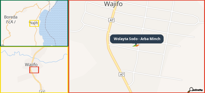 Map showing the address of Wolayta Sodo - Arba Minch in three different zoom levels.