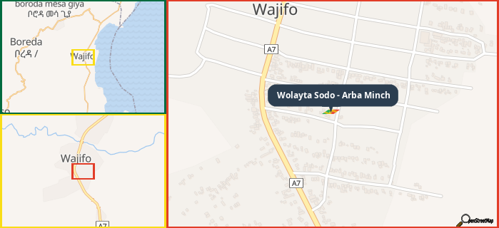 Map showing the address of Wolayta Sodo - Arba Minch in three different zoom levels.